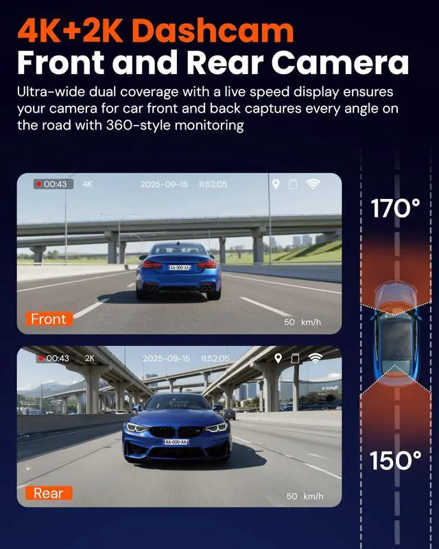 Alt view image 3 of 7 - TD3 4K+2K Dash Cam with App, Camera for Car Front and Back with 5G WiFi & GPS, Free 64GB Card, Night Vision Dashcam Front Cameras 24/7 Recording When Car is Off, Security Camera for Cars