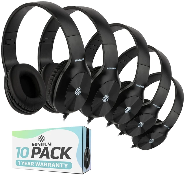 Main image of Classroom Headphones-Bulk 10-Pack, Student On Ear Comfy Swivel Earphones for Library, School, Airplane, Kids-for Online Learning and Travel, HQ Stereo Sound 3.5mm Jack (Black)
