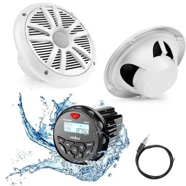 Main image of Marine Audio System Stereo Speaker Package, Bluetooth, MP3 USB AM FM Marine Stereo - 2 x 6.5 Inch White Speakers, Antenna