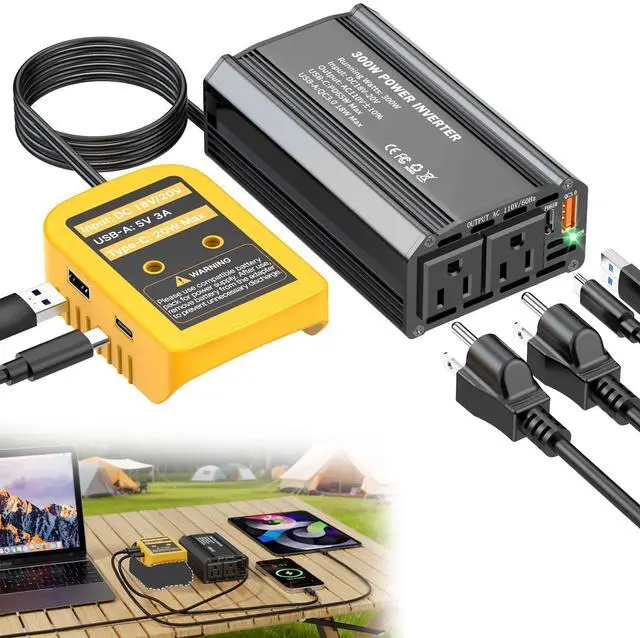 Main image of 300W Power Inverter Compatible with Dewalt 20V Battery, DC 20V to AC 110V Battery Converter with PD 65W Type-C Fast Charging & 20W USB-C, 2 AC Outlet & 2 USB-A Port Portable Power Station for Camping