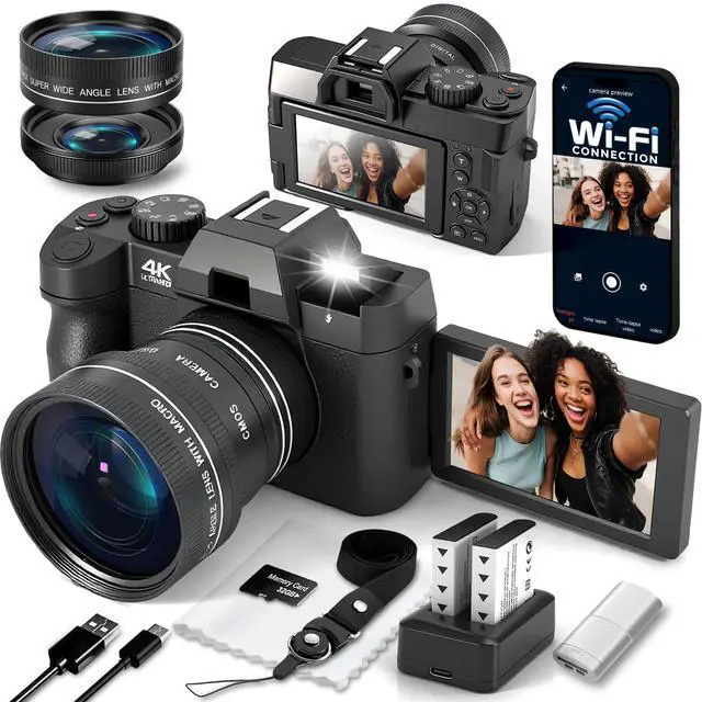 Main image of 4K Digital Camera for Photography with Wide & Macro Lens | WiFi Connection, Flip Screen, Auto-Focus Vlog Camera with MicroSD Card, Card Reader, 2 Batteries, Strap, Webcam Function