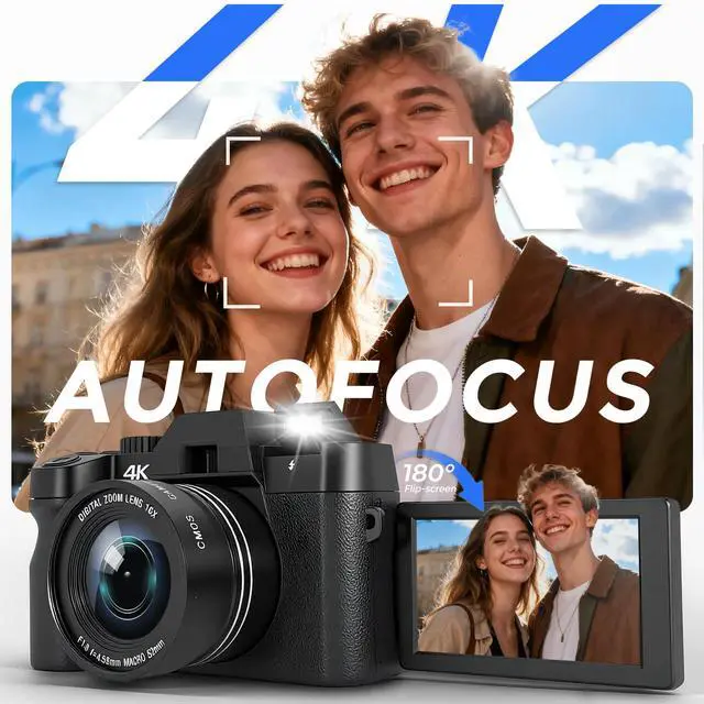 Alt view image 2 of 7 - 4K Digital Camera for Photography with Wide & Macro Lens | WiFi Connection, Flip Screen, Auto-Focus Vlog Camera with MicroSD Card, Card Reader, 2 Batteries, Strap, Webcam Function