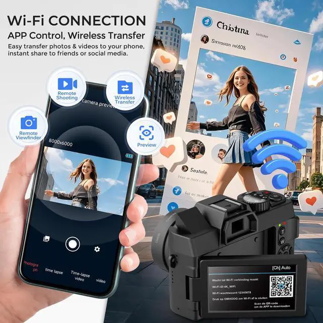 Alt view image 3 of 7 - 4K Digital Camera for Photography with Wide & Macro Lens | WiFi Connection, Flip Screen, Auto-Focus Vlog Camera with MicroSD Card, Card Reader, 2 Batteries, Strap, Webcam Function