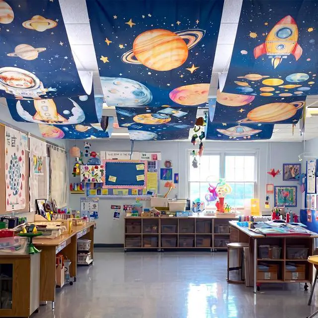 Main image of 3 Pack Space Galaxy Ceiling Decorations for Classroom 24" x 12 ft Astronaut Rocket Planet Universe Hanging Banners, Outer Space Theme Decor for Nursery School Church Sunday Birthday Party
