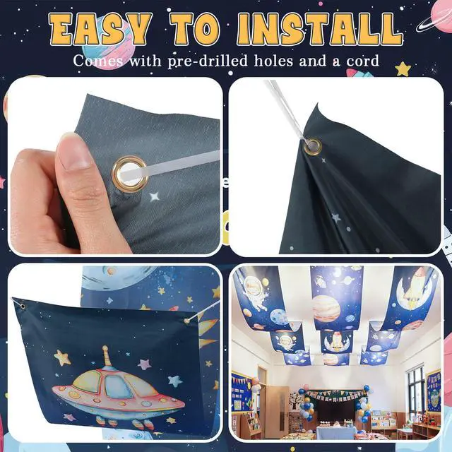 Alt view image 3 of 6 - 3 Pack Space Galaxy Ceiling Decorations for Classroom 24" x 12 ft Astronaut Rocket Planet Universe Hanging Banners, Outer Space Theme Decor for Nursery School Church Sunday Birthday Party