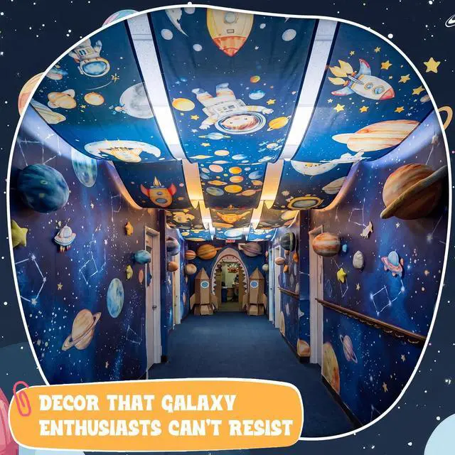 Alt view image 5 of 6 - 3 Pack Space Galaxy Ceiling Decorations for Classroom 24" x 12 ft Astronaut Rocket Planet Universe Hanging Banners, Outer Space Theme Decor for Nursery School Church Sunday Birthday Party