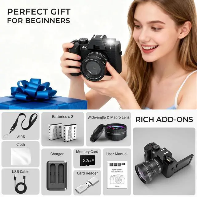 Alt view image 7 of 7 - 4K Digital Camera for Photography with Wide & Macro Lens | WiFi Connection, Flip Screen, Auto-Focus Vlog Camera with MicroSD Card, Card Reader, 2 Batteries, Strap, Webcam Function