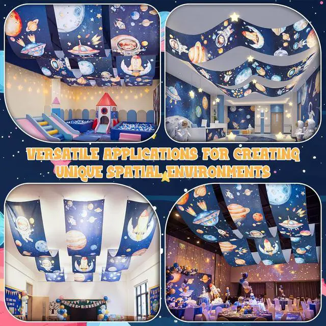 Alt view image 6 of 6 - 3 Pack Space Galaxy Ceiling Decorations for Classroom 24" x 12 ft Astronaut Rocket Planet Universe Hanging Banners, Outer Space Theme Decor for Nursery School Church Sunday Birthday Party