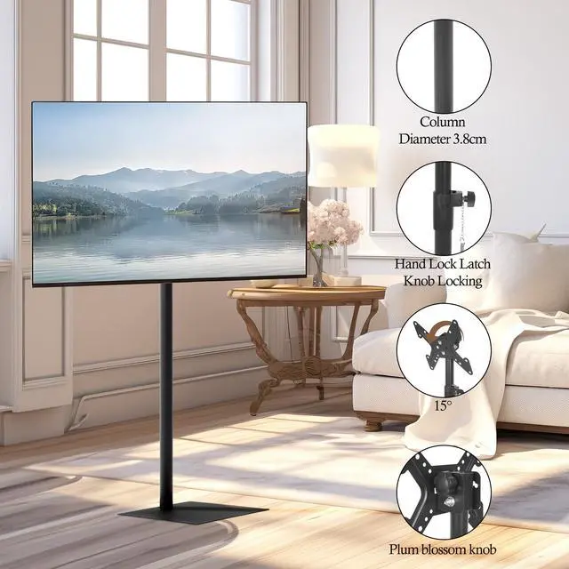 Alt view image 3 of 7 - Floor TV Stand with VESA Mount, Extra Tall Monitor Stand with Steel Flat Base, Universal Pole for 14 to 43 Inch Television Screen, Freestanding Height Adjustable Stand for Corner, Office, Home