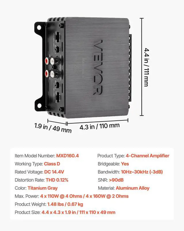 Alt view image 7 of 7 - 4 Channel Car Audio Amplifier 2 Ohm Stable Bridgeable Class D Full Range Amp Max Power 4 x 110W @ 4 Ohm / 4 x 160W @ 2 Ohm for Car SUV Truck Off-Road