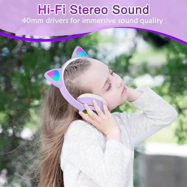 Alt view image 2 of 7 - Kids Headphones for School, Bluetooth Wireless Headphones with Microphone for Kids Teens Adults, Cat Ear Headphones for Girls Women (Purple) | Cat Ear Headphones for Girls/Teens/Adults