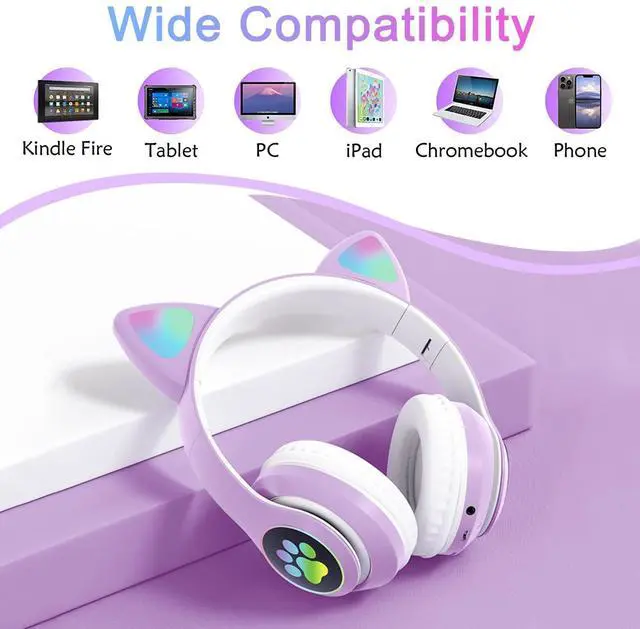Alt view image 4 of 7 - Kids Headphones for School, Bluetooth Wireless Headphones with Microphone for Kids Teens Adults, Cat Ear Headphones for Girls Women (Purple) | Cat Ear Headphones for Girls/Teens/Adults