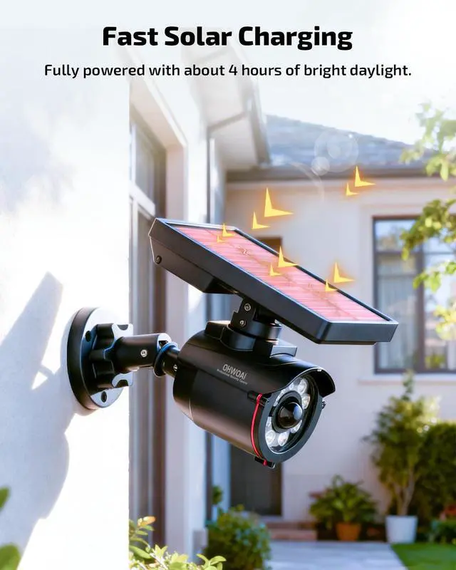 Alt view image 2 of 7 - Solar Powered Fake Security Camera Outdoor with Motion Sensor Floodlight | Dummy Surveillance Camera, LED Deterrent Light, Battery Powered, IP66 Waterproof