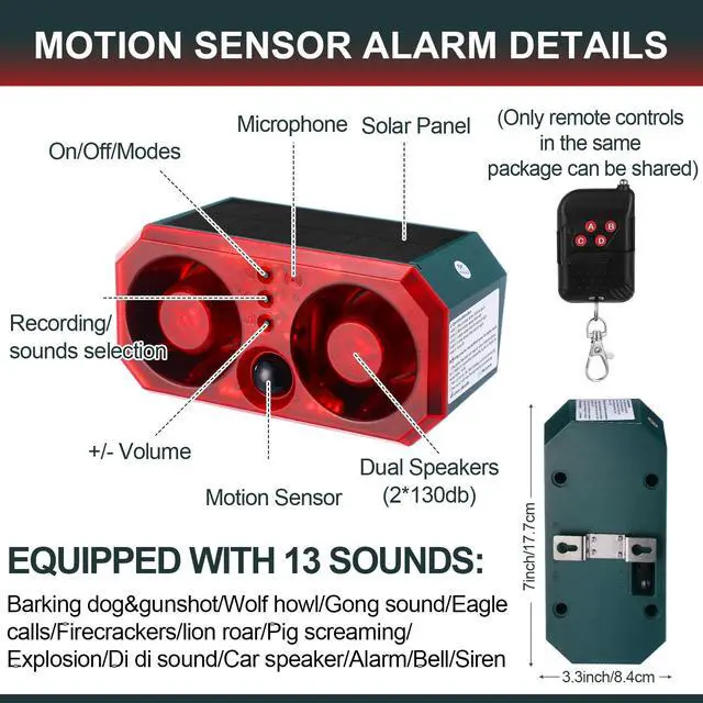 Alt view image 2 of 7 - 2 Pcs Solar Outdoor Motion Sensor Alarm Motion Sensor Animal Deterrent Dog Barking Alarm 13 Sound 130dB Loud Noise Maker 4 Mode with USB Remote Control Support Recording Volume Adjustment
