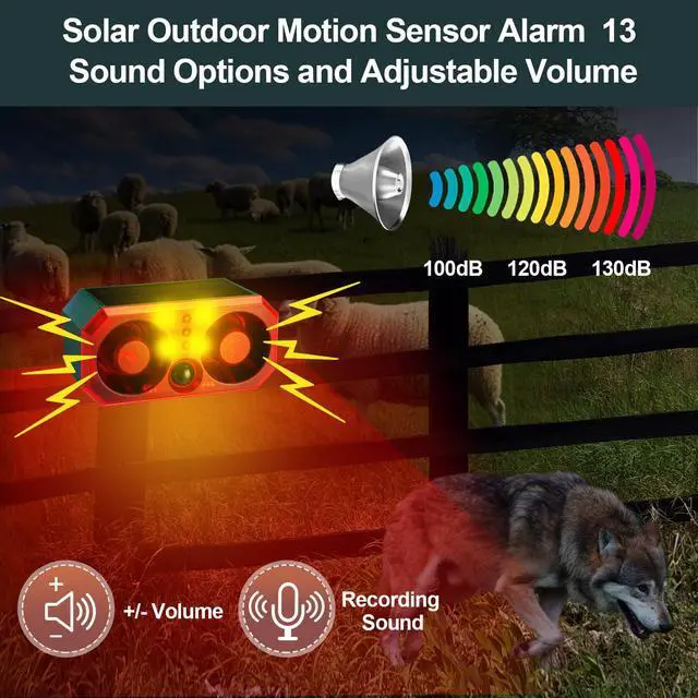 Alt view image 3 of 7 - 2 Pcs Solar Outdoor Motion Sensor Alarm Motion Sensor Animal Deterrent Dog Barking Alarm 13 Sound 130dB Loud Noise Maker 4 Mode with USB Remote Control Support Recording Volume Adjustment