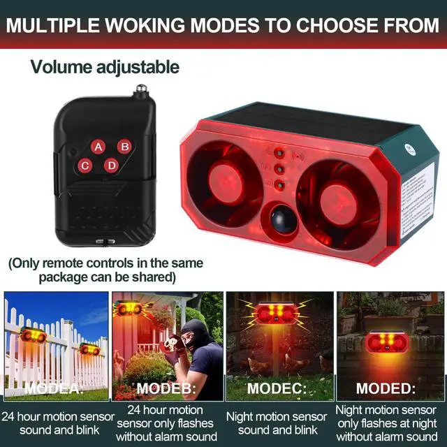Alt view image 4 of 7 - 2 Pcs Solar Outdoor Motion Sensor Alarm Motion Sensor Animal Deterrent Dog Barking Alarm 13 Sound 130dB Loud Noise Maker 4 Mode with USB Remote Control Support Recording Volume Adjustment