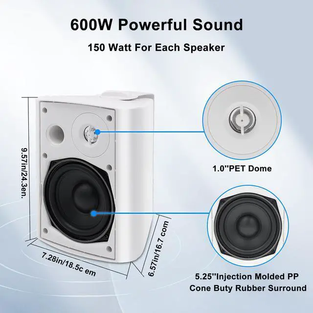 Alt view image 4 of 7 - 5.25 Inches Outdoor Bluetooth Speakers Waterproof 600 Watts Perfect for Indoor- Outdoor Patio Porch Wall Mount System (4 Speakers,White)