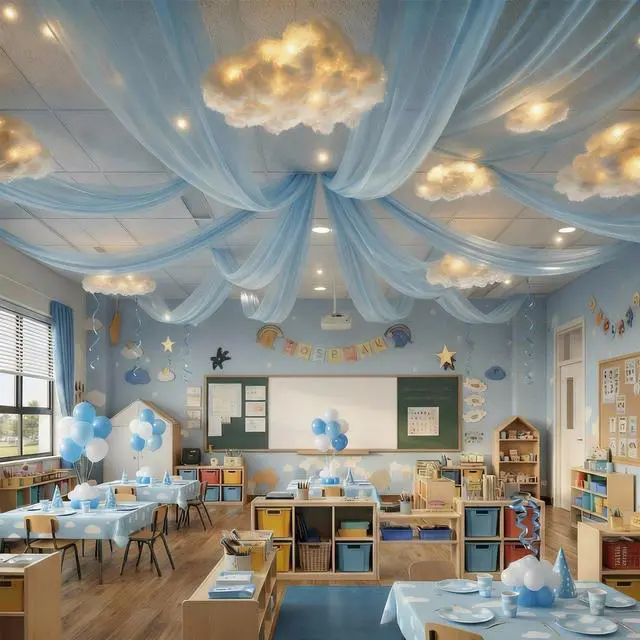 Main image of 15 Pcs Blue Sky White Cloud Ceiling Decor, 8 Pcs 60x12 ft Blue Sky Backdrop, 6 Artificial Cloud 3D Cotton for DIY Classroom Hanging Ornament Birthday Wedding Nursery Room with Light String