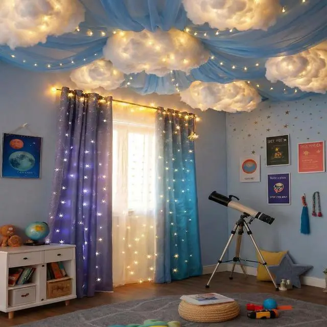 Alt view image 2 of 6 - 15 Pcs Blue Sky White Cloud Ceiling Decor, 8 Pcs 60x12 ft Blue Sky Backdrop, 6 Artificial Cloud 3D Cotton for DIY Classroom Hanging Ornament Birthday Wedding Nursery Room with Light String