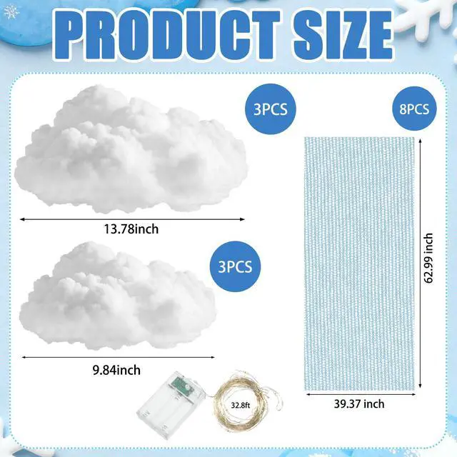 Alt view image 3 of 6 - 15 Pcs Blue Sky White Cloud Ceiling Decor, 8 Pcs 60x12 ft Blue Sky Backdrop, 6 Artificial Cloud 3D Cotton for DIY Classroom Hanging Ornament Birthday Wedding Nursery Room with Light String