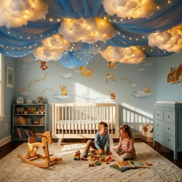 Alt view image 5 of 6 - 15 Pcs Blue Sky White Cloud Ceiling Decor, 8 Pcs 60x12 ft Blue Sky Backdrop, 6 Artificial Cloud 3D Cotton for DIY Classroom Hanging Ornament Birthday Wedding Nursery Room with Light String