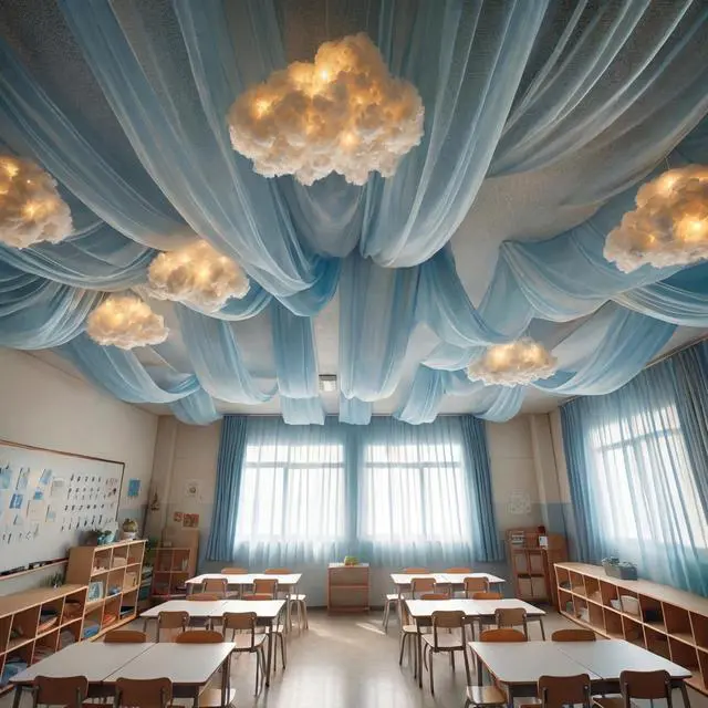 Alt view image 6 of 6 - 15 Pcs Blue Sky White Cloud Ceiling Decor, 8 Pcs 60x12 ft Blue Sky Backdrop, 6 Artificial Cloud 3D Cotton for DIY Classroom Hanging Ornament Birthday Wedding Nursery Room with Light String