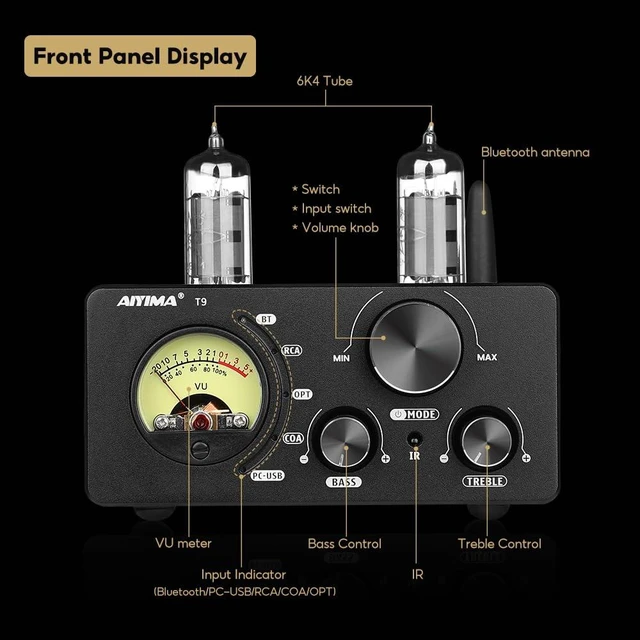 Alt view image 2 of 7 - T9 200W Bluetooth Tube Amplifier,2.0/2.1 Stereo Home Audio Receiver Class D Digital Power Amp with Retro VU Meter, PC-USB DAC Coaxial Optical RCA Inputs for Passive Speakers Bookshelf Setup