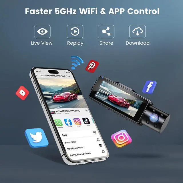 Alt view image 2 of 7 - 4K WiFi Dash Cam Front and Rear Inside, Free 64G SD Card, 2160P+1080P+1080P FHD 3 Channel Dash Camera for Cars, Night Vision, 24H Parking Monitor, 360° All Sides Dashcam, G-Sensor, WDR