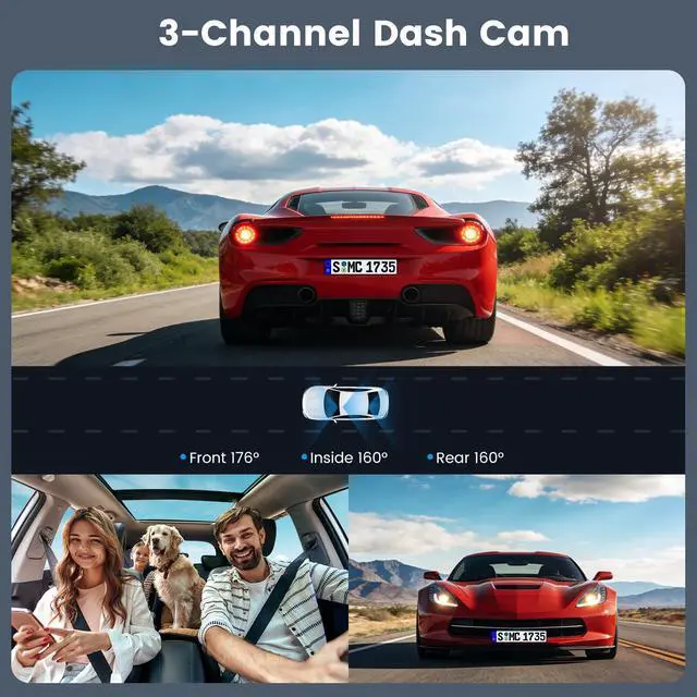 Alt view image 4 of 7 - 4K WiFi Dash Cam Front and Rear Inside, Free 64G SD Card, 2160P+1080P+1080P FHD 3 Channel Dash Camera for Cars, Night Vision, 24H Parking Monitor, 360° All Sides Dashcam, G-Sensor, WDR