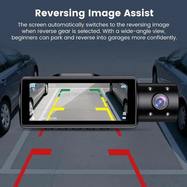 Alt view image 6 of 7 - 4K WiFi Dash Cam Front and Rear Inside, Free 64G SD Card, 2160P+1080P+1080P FHD 3 Channel Dash Camera for Cars, Night Vision, 24H Parking Monitor, 360° All Sides Dashcam, G-Sensor, WDR