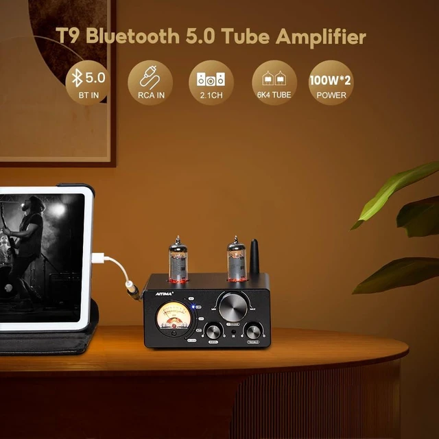 Alt view image 7 of 7 - T9 200W Bluetooth Tube Amplifier,2.0/2.1 Stereo Home Audio Receiver Class D Digital Power Amp with Retro VU Meter, PC-USB DAC Coaxial Optical RCA Inputs for Passive Speakers Bookshelf Setup