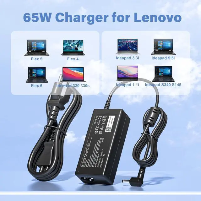 Alt view image 2 of 6 - 65W for Lenovo Ideapad 3 1 5 320 330 330S 110 310 / Flex 5 Laptop Charger | Compatible with Lenovo Flex 4 6 / Ideapad 310 110S 520 530s 710s 130S S340 S145 S540 Series Laptop Charger power cord