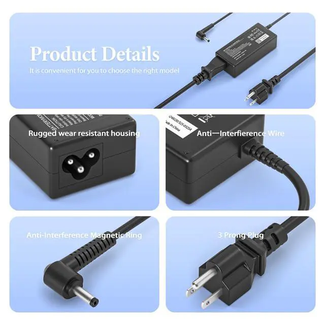 Alt view image 3 of 6 - 65W for Lenovo Ideapad 3 1 5 320 330 330S 110 310 / Flex 5 Laptop Charger | Compatible with Lenovo Flex 4 6 / Ideapad 310 110S 520 530s 710s 130S S340 S145 S540 Series Laptop Charger power cord