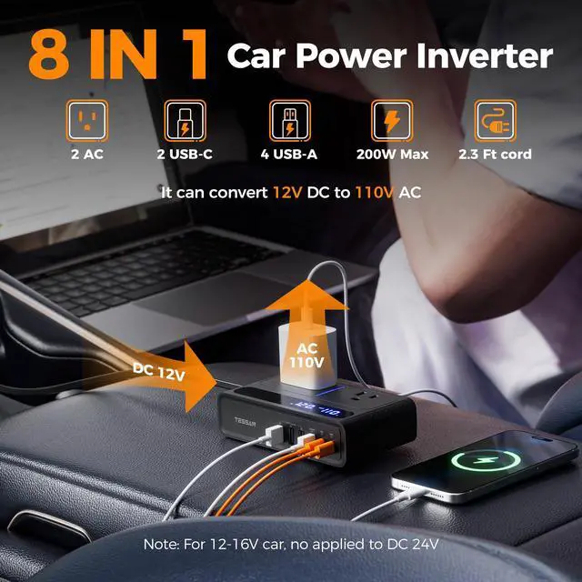 Alt view image 2 of 7 - 200W Car Power Inverter, 36W USB C Car Charger Adapter Fast Charging | Converter with 2 AC Outlets & 6 USB Ports, PD/QC 3.0 Fast Charging Car Adapter for Phones, Camping, Road Trip & Travel, Black