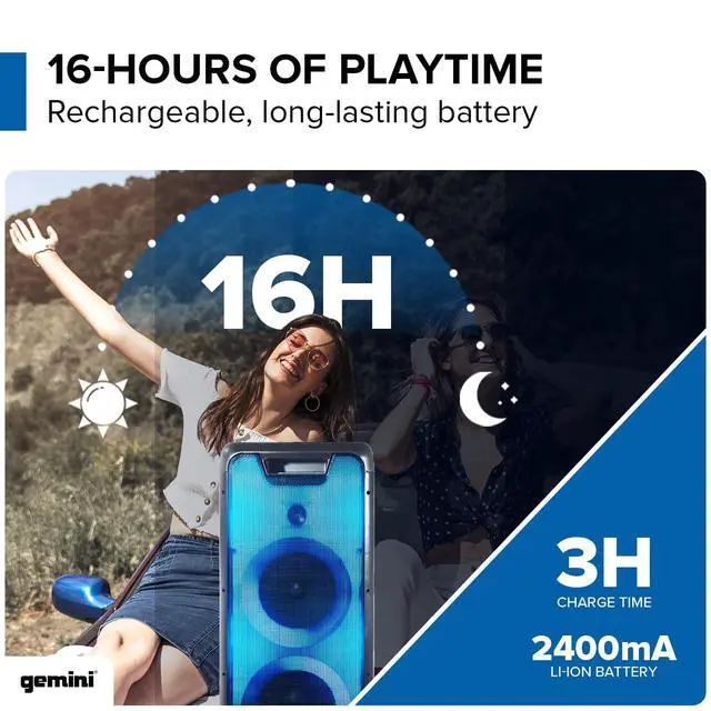 Alt view image 3 of 7 - Party Speaker, Dual 8" Woofers, LED Show, 16-Hr Play (GLS-880) | Party speaker, dual 8" woofers - LED show, 4 modes - 16 hr battery - Bluetooth, wired, remote incl