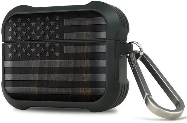Main image of Solid Wood Case for AirPods Pro 3, American Flag, Black | AirPods Pro Case 3rd Generation, Titanium metal Quick-Release Keychain, Compatible with Wireless Charging, Wood-Engraved