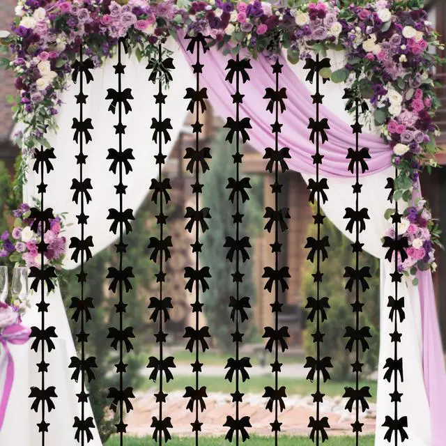 Alt view image 6 of 7 - Bow Foil Fringe Curtains, Black Bow Birthday Backdrop, 2 Pack | Bow Party Decorations Black Birthday Party Supplies Photo Booth Props Streamers for Bachelorette Girl Baby Shower Party Decor
