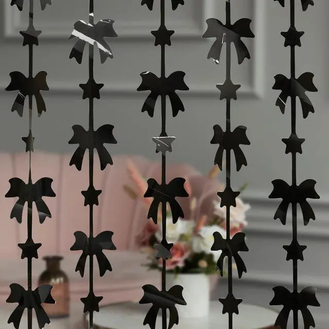 Alt view image 7 of 7 - Bow Foil Fringe Curtains, Black Bow Birthday Backdrop, 2 Pack | Bow Party Decorations Black Birthday Party Supplies Photo Booth Props Streamers for Bachelorette Girl Baby Shower Party Decor