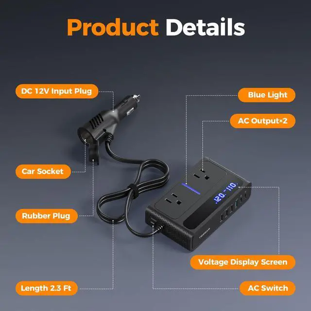 Alt view image 6 of 7 - 200W Car Power Inverter, 36W USB C Car Charger Adapter Fast Charging | Converter with 2 AC Outlets & 6 USB Ports, PD/QC 3.0 Fast Charging Car Adapter for Phones, Camping, Road Trip & Travel, Black