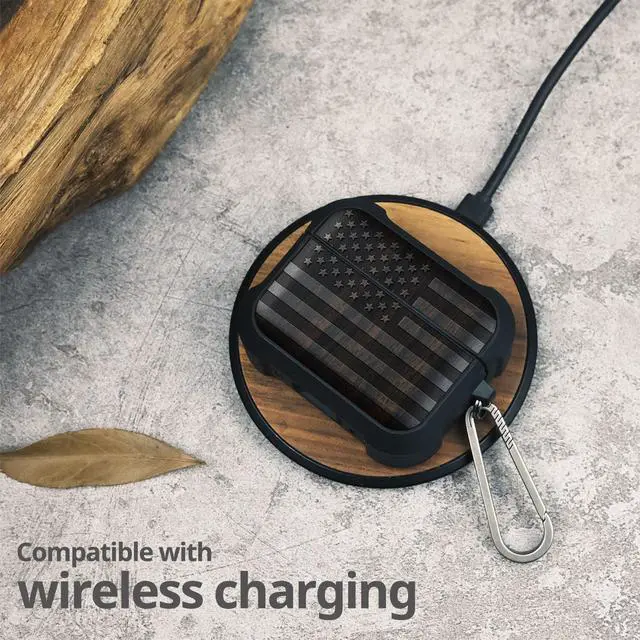Alt view image 5 of 7 - Solid Wood Case for AirPods Pro 3, American Flag, Black | AirPods Pro Case 3rd Generation, Titanium metal Quick-Release Keychain, Compatible with Wireless Charging, Wood-Engraved