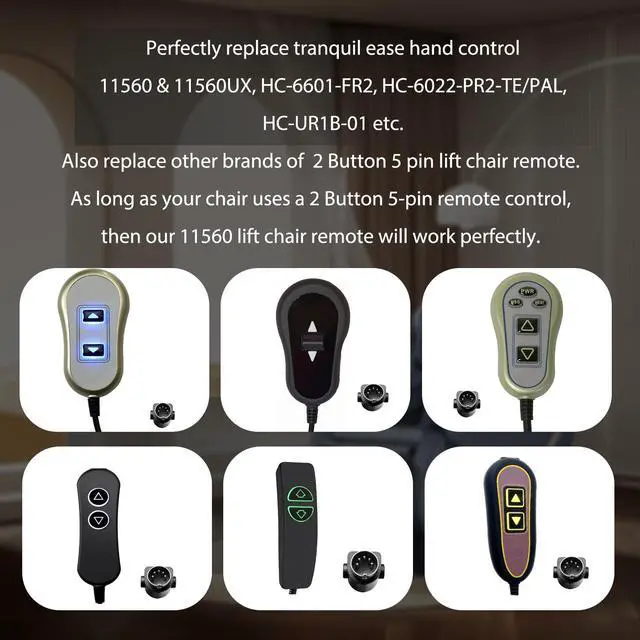 Alt view image 2 of 7 - 11560 & 11560UX 2 Button 5 Pin Lift Chair Remote for inseat tranquil ease | Replacement relaxor Raffel Systems 5 Pin Lighted Hand Control Replace tranquil ease HC-6601-FR2 HC-6022-PR2