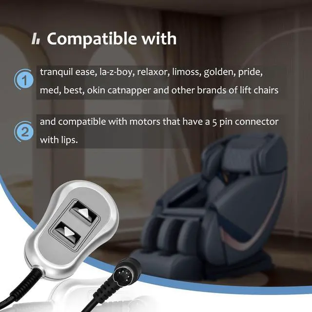 Alt view image 3 of 7 - 11560 & 11560UX 2 Button 5 Pin Lift Chair Remote for inseat tranquil ease | Replacement relaxor Raffel Systems 5 Pin Lighted Hand Control Replace tranquil ease HC-6601-FR2 HC-6022-PR2