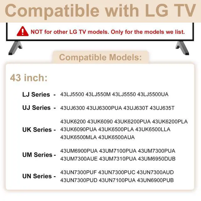 Alt view image 2 of 7 - 43 Inch TV Stand for LG TV Legs 43LJ5500 43UJ6300 43UJ635T 43UK6200 43UK6090 43UK6500 43UM6900 43UM7100 43UM7300 43UN7300 43UN7100 43UN6900 43UN6950 43UN6951 Replacement Legs for LG TV with Screws