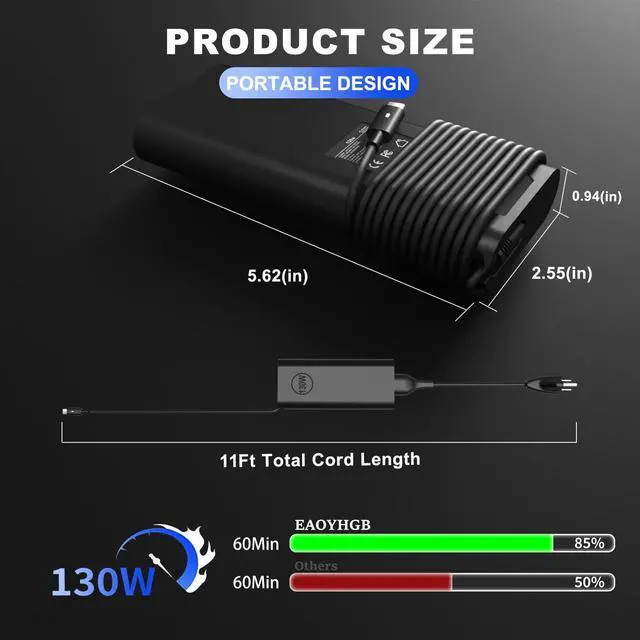 Alt view image 2 of 7 - 130W USB C Laptop Charger Compatible with Dell XPS 15 17 Precision | for 9500 9510 9520 9530 9700 9710 9720 2in1,5550 5560 5530 5570 5470 5480 5760, Latitude 5431 5531 Type C Computer Power Cord