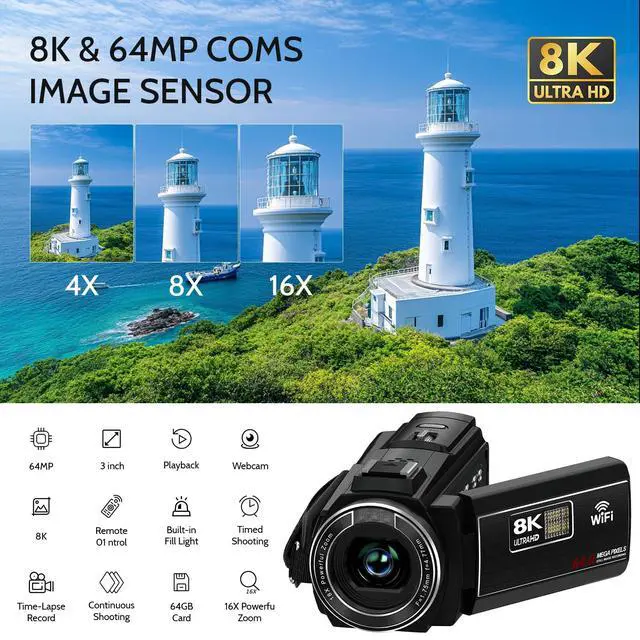 Alt view image 2 of 7 - Video Camera 8K Camcorder, 64MP IR Night Vision Vlogging Camera for YouTube | WiFi, 18X Digital Zoom, 3.0 Inch Touch Screen, Microphone, Lens Hood, 64GB SD Card, Remote Control, 4500mAh Battery