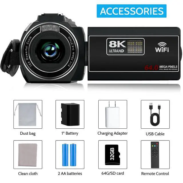 Alt view image 7 of 7 - Video Camera 8K Camcorder, 64MP IR Night Vision Vlogging Camera for YouTube | WiFi, 18X Digital Zoom, 3.0 Inch Touch Screen, Microphone, Lens Hood, 64GB SD Card, Remote Control, 4500mAh Battery