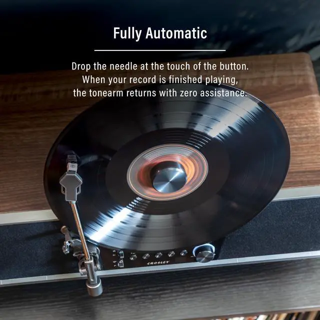 Alt view image 4 of 7 - CR6049A-WA Beck Fully Automatic Vertical Record Player, Walnut | 2-Speed Vertical Belt-Drive Turntable, Magnetic Clamp, ATN3600L Audio-Technica Cartridge, Fully Automatic Tonearm