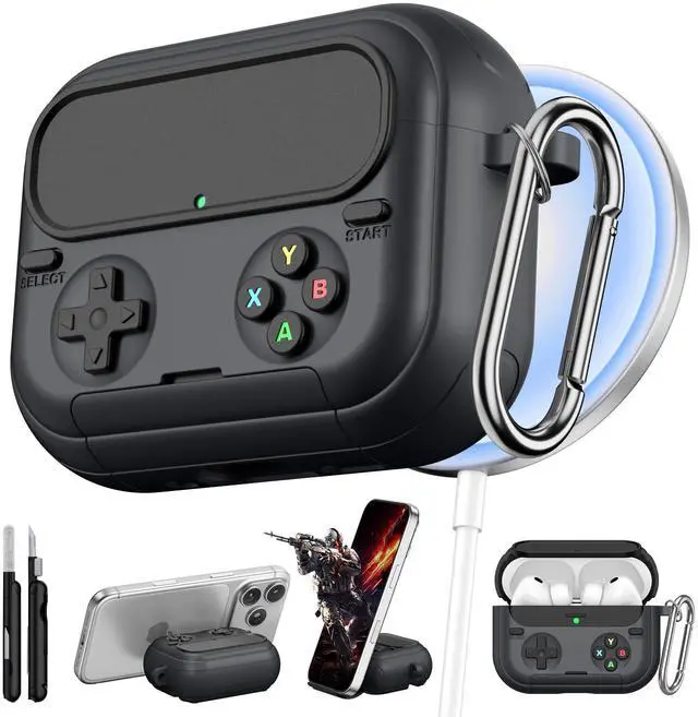 Main image of Retro Game Case for AirPods Pro 3 | Game Console Design Protective Cover with Foldable Stand, Secure Lock Anti-Drop Shockproof PC+TPU Case, Keychain & Cleaning Kit for Men & Boys, Black