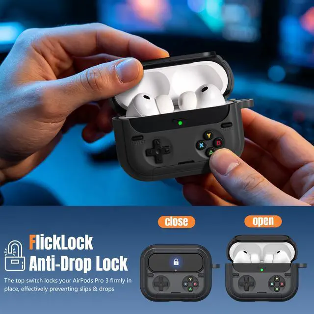 Alt view image 4 of 7 - Retro Game Case for AirPods Pro 3 | Game Console Design Protective Cover with Foldable Stand, Secure Lock Anti-Drop Shockproof PC+TPU Case, Keychain & Cleaning Kit for Men & Boys, Black