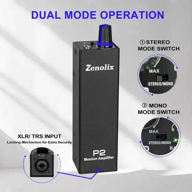 Alt view image 4 of 7 - P2 Portable In Ear Monitor Amplifier, Headphone Amp with XLR/TRS Inputs 3.5mm Output, Enhanced Sound Quality, Durable Belt Clip, Guitar Headphone Amplifier with Stereo/Mono Switch for Performers,Black